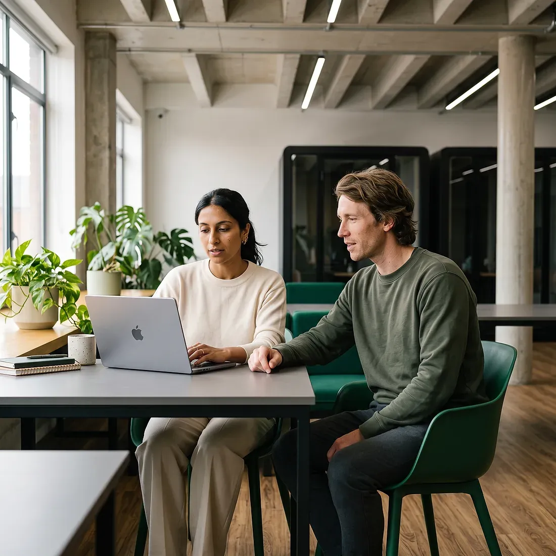 Two colleagues working together at a laptop in a bright, modern open-plan office.