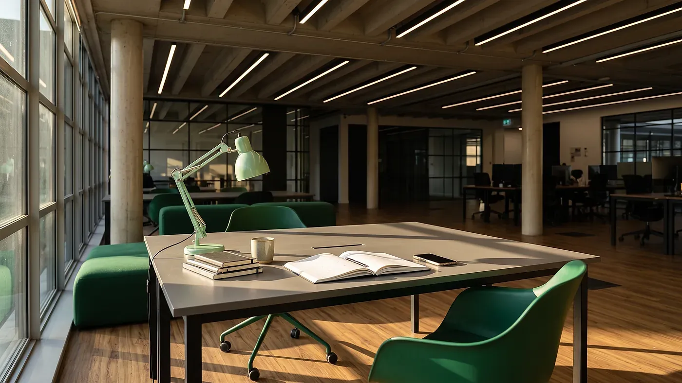 A desk in late afternoon light with a planner and a phone set face down.