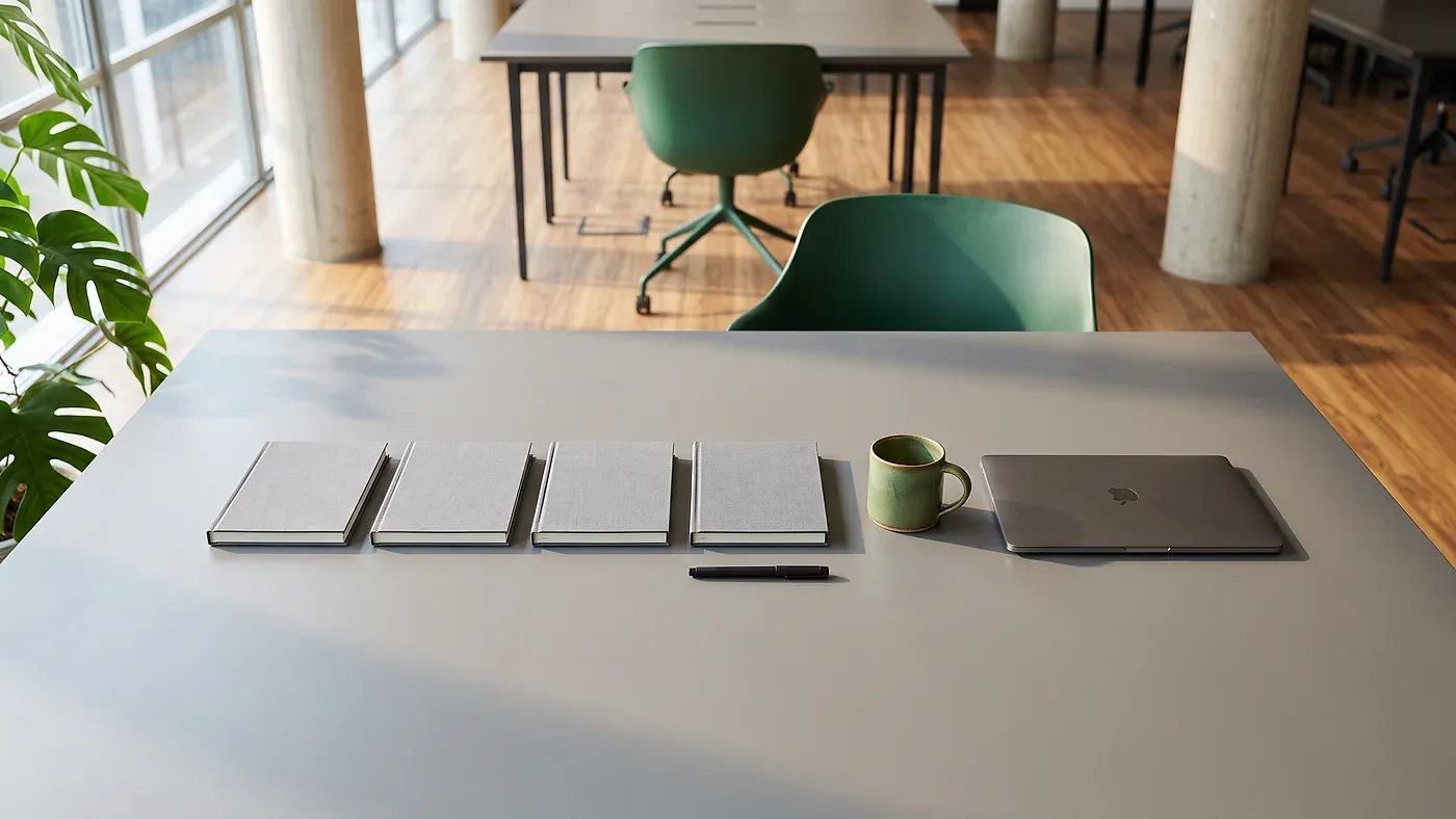 An orderly desk with notebooks and a laptop arranged in a clear sequence.