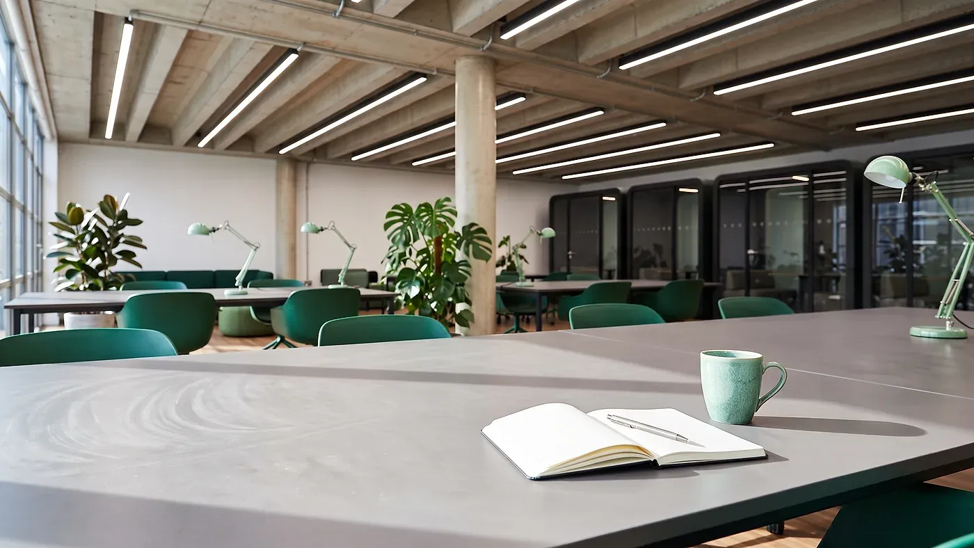 An uncluttered desk with a single open notebook and a mug in morning light.